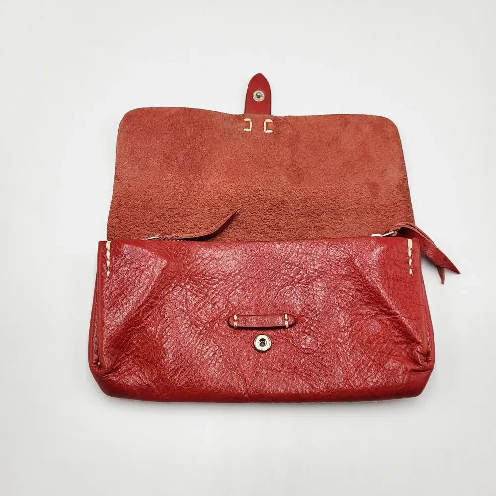 Fredd + Basha Red Leather Embroidered Daisy Snap Button Closure Accordion Wallet